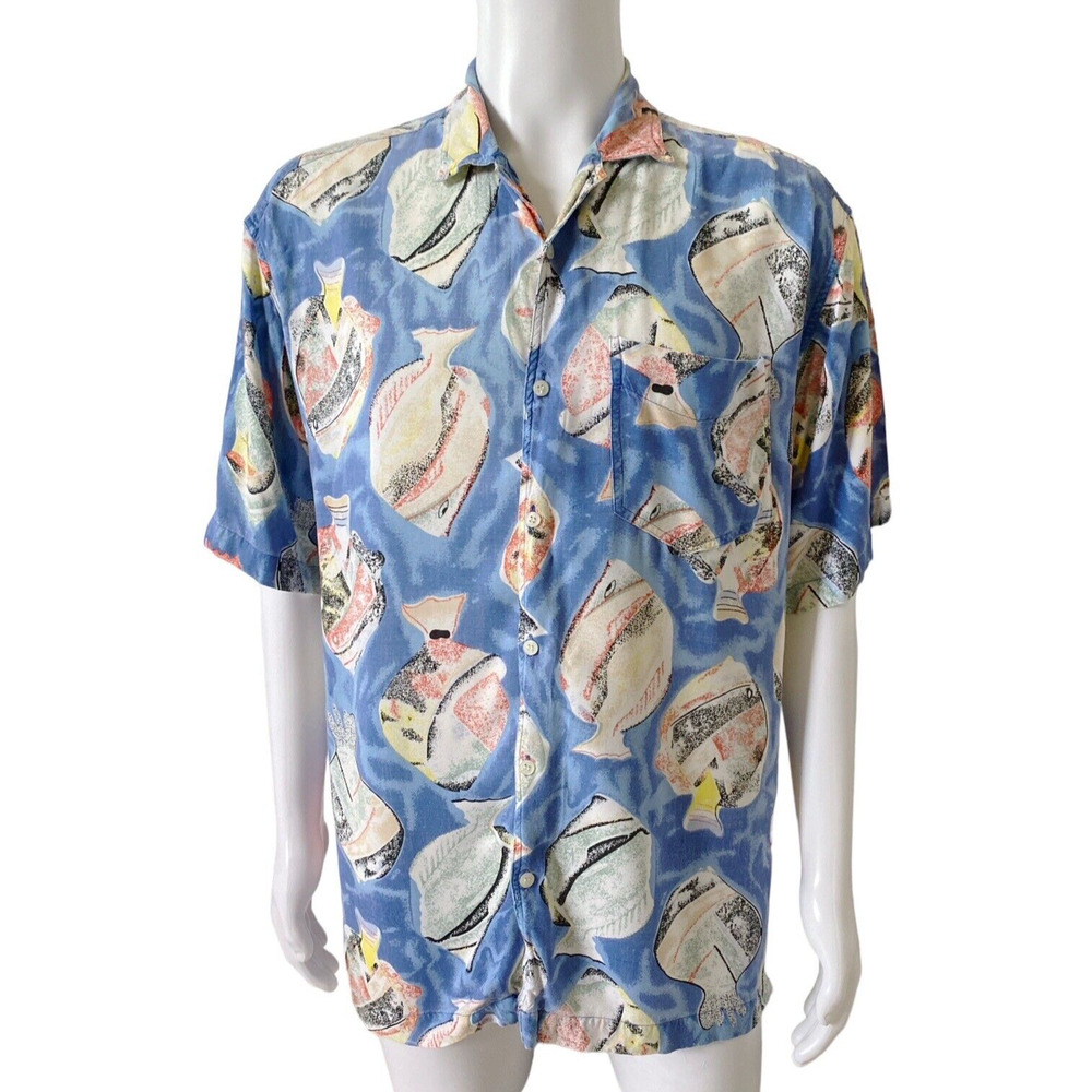 Vintage Driftwood Mens Large Blue Fish Hawaiian Shirt Tropical Button Up Aloha